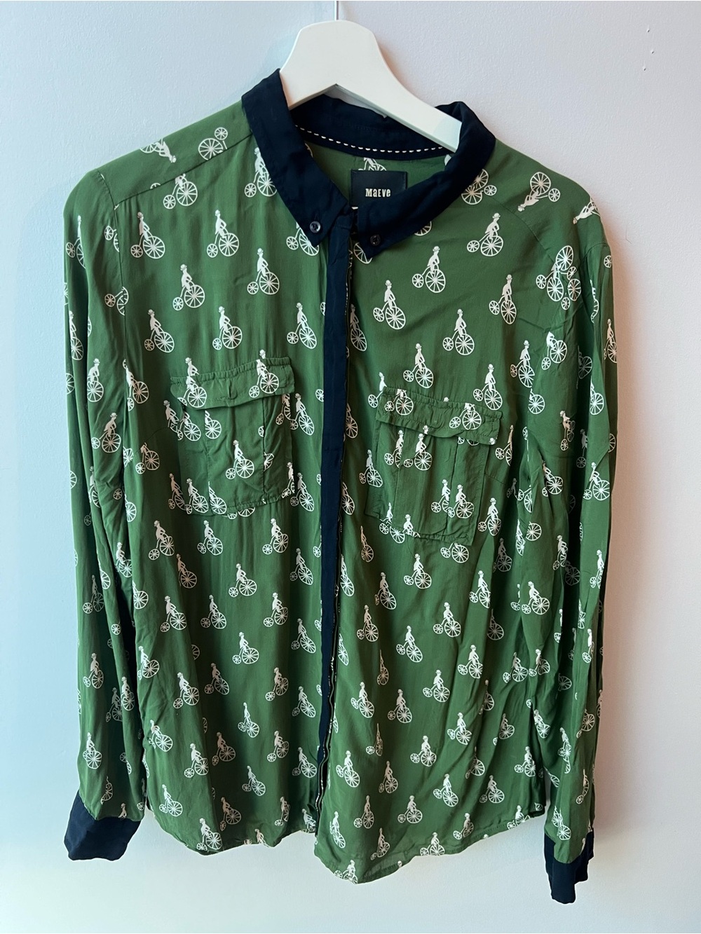 Maeve Anthropology Green Printed Button-Up Shirt Jacket Blouse Bicycle large 12